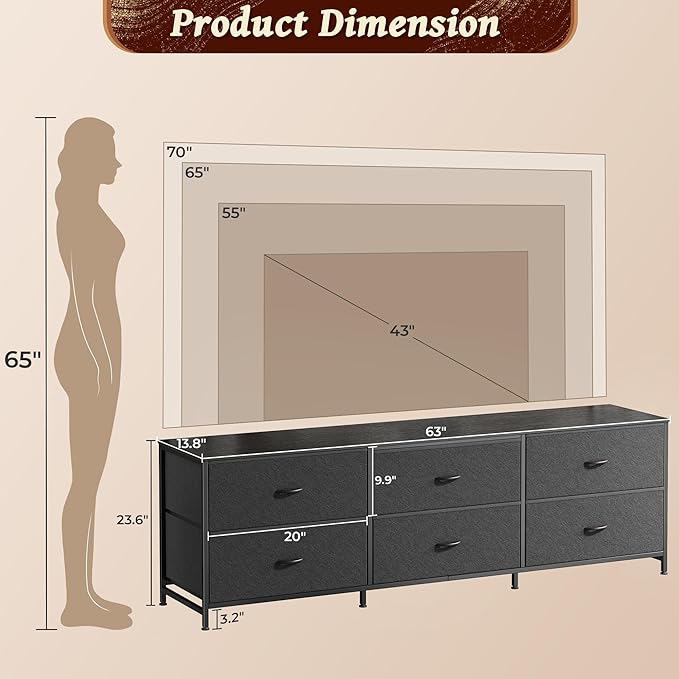 Huuger 63 Inch Long Dresser for Bedroom, Wide TV Stand for 55, 65, 70 Inch TV, 6 Drawer Dresser for Closet with Fabric Drawers, Storage Organizer for Bedroom, Entryway, Black-NeatNest