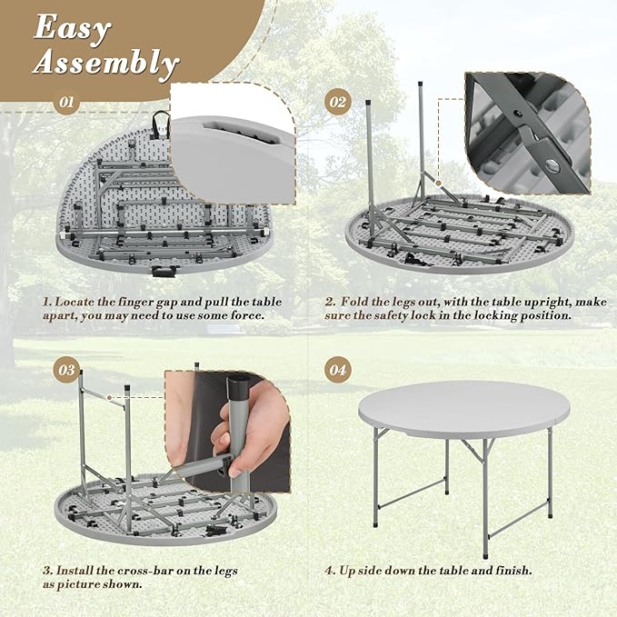Athena Collection 4ft Plastic Folding Dining Table, Large Foldable Round Card Table Portable with Carry Handle Heavy Duty Fold-in-Half for Indoor Outdoor Party Camping, Grey-NeatNest