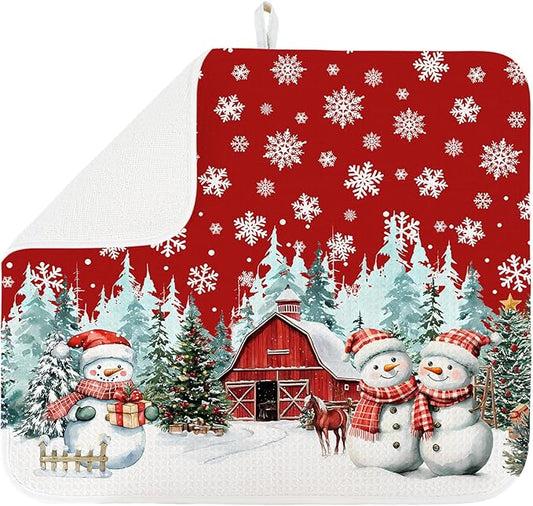 Dish Drying Mat for Kitchen Counter Large 18" x 24" Christmas Farmhouse Rustic Snowman Absorbent Microfiber Dishes Drainer Rack Mats Pad Reusable Washable