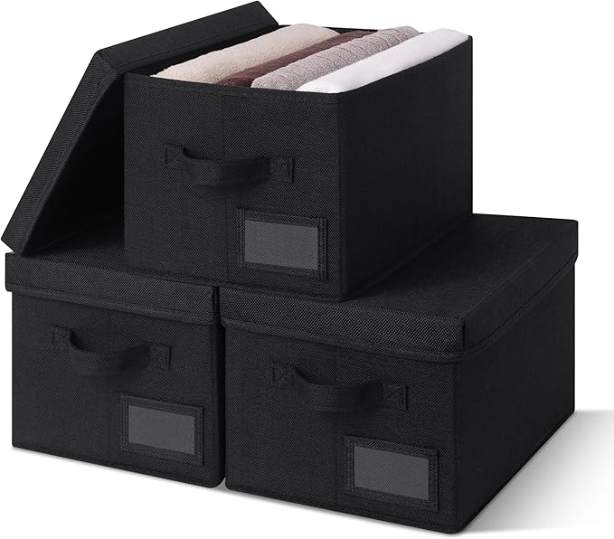 GRANNY SAYS Storage Bins With Lids, Linen Decorative Boxes for Shelves, Clothes Organization, 3-Pack, Black-NeatNest