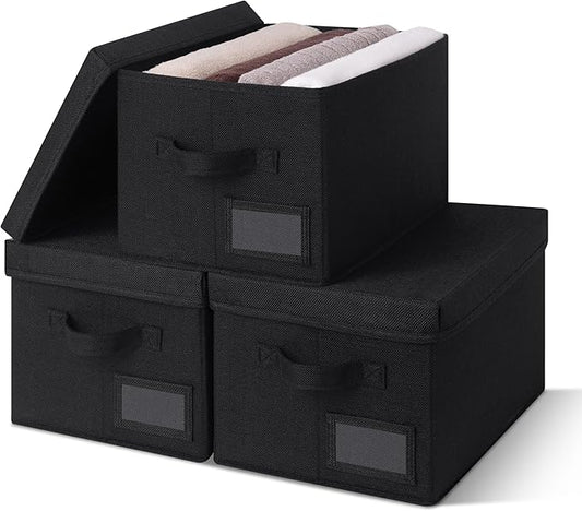 GRANNY SAYS Storage Bins With Lids, Linen Decorative Boxes for Shelves, Clothes Organization, 3-Pack, Black-NeatNest