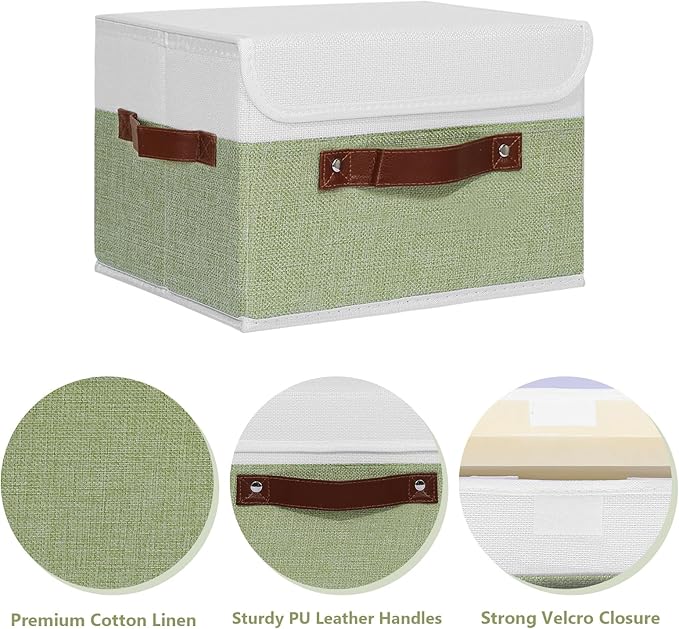 ANMINY 2PCS Storage Boxes with Lid Washable Decorative Storage Bins Basket with PU Leather Handle Foldable Linen Fabric Storage Cubes Containers for Home Closet Organizer - Green White, Large Size-NeatNest