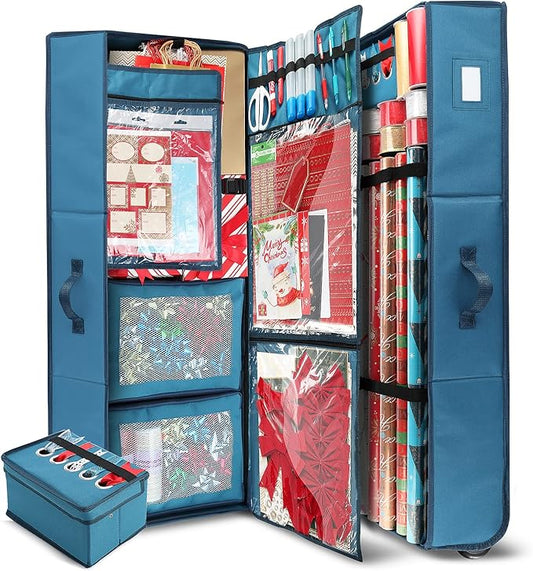 Hearth & Harbor Wrapping Paper Storage Container with Ribbon Dispenser and Interior Pockets - Large Christmas Storage Containers with Wheels, Fits 30 Rolls of 40" Length, Blue-NeatNest