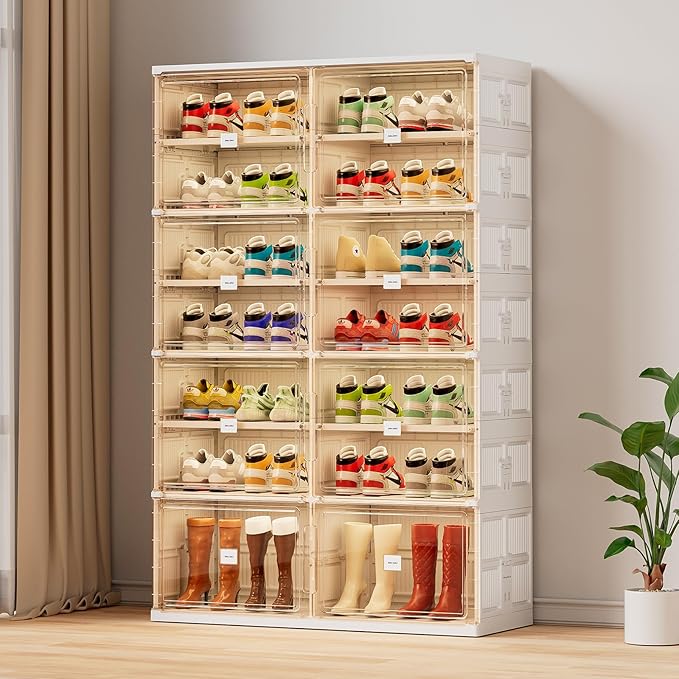 JEKO&JEKO 7 Tiers Foldable Boot and Shoe Storage Rack Cabinet for Closet Entryway, Large Collapsible Shoe Organizer with Magnetic Doors (White)-NeatNest