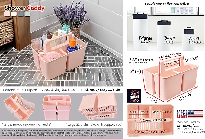 Shower Caddy Organizer with Handle, 3 Compartments, Portable Storage Bin for Bathroom, Dorm, Gym -Made In USA (Ivory)