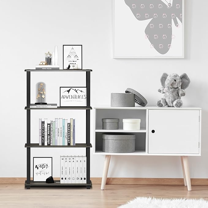 Furinno Turn-N-Tube 4-Tier Multipurpose Shelf Display Rack, Square Tube, French Oak Grey/Black-NeatNest