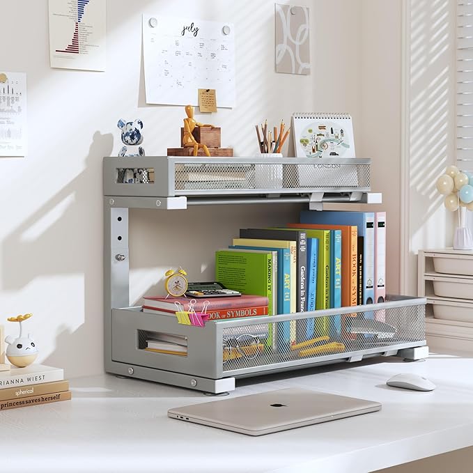 1 Pack 17IN Depth Under Sink Storage Organizer, Large 2-Tier Elegant Mesh Pull Out Shelf for Kitchen and Bathroom Cabinet Organization, L-Shaped and Adjustable Height Design-Gun Gray-NeatNest