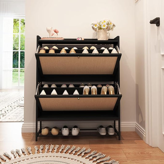 AVZEAR Narrow Shoe Storage Cabinet for Entryway with 2 Flip Drawers, Freestanding Shoe Cabinet with Natural Linen Panel, Slim Wood Shoe Organizer Closed Shoe Rack for Hallway, Foyer(Black)-NeatNest