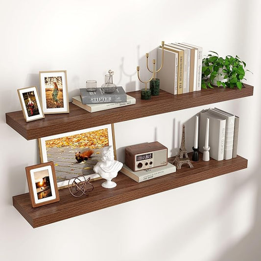 Floating Shelves for Wall, 48"W x 9"D x 1.5"H, 2 Pack of Long Wall Mounted Engineered Wood Shelves with Invisible Brackets for Living Room, Bedroom, Bathroom, Kitchen Decor and Storage, Walnut-NeatNest
