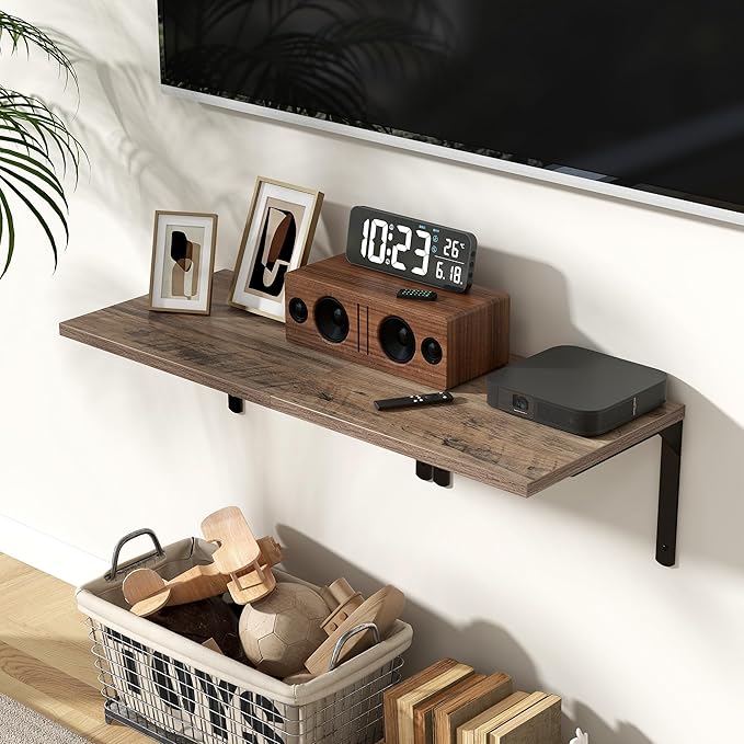 Fun Memories Floating Shelves for Wall, 12 Inch Deep Floating Shelves Set of 2, Wall Mounted Shelf with Metal Brackets, Rustic Wood Wide Shelf for Bathroom, Kitchen and Living Room, Grey, 16W x 12D-NeatNest