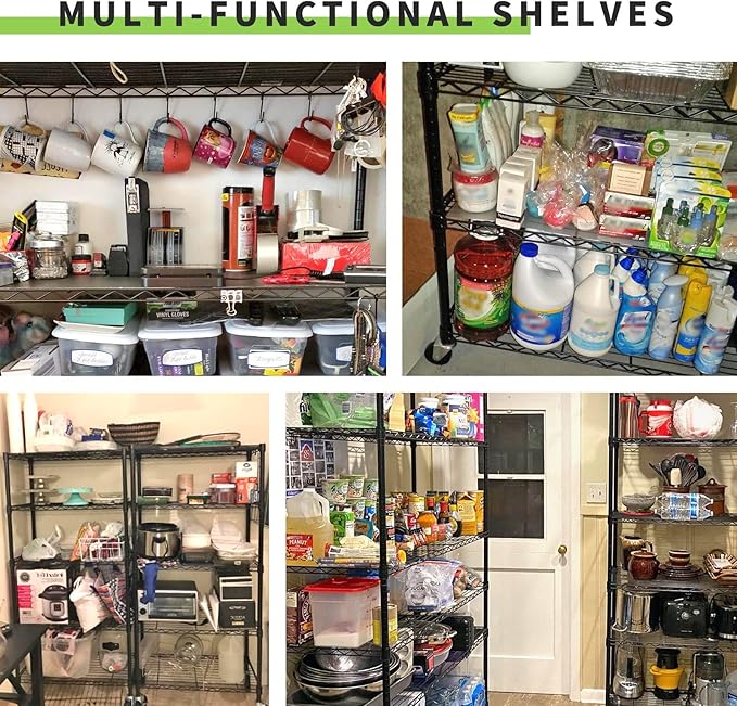 4 Tier Wire Shelving Unit 62" H x 36L x 14D Heavy Duty Metal Shelf 1400Lb Capacity Storage Shelves w/Wheels Adjustable Kitchen Storage Racks Wire Shelves for Pantry Garage, Black