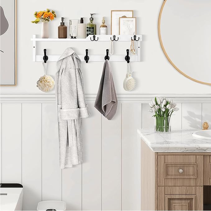 29'' Coat Rack Wall Mount with Shelf, Coat Hanger Wall Mount with Key Hooks and Mail Holder, Wood Entryway Floating Shelf with Hooks and Storage, Hat Rack for Wall Key Holder Mail Organizer