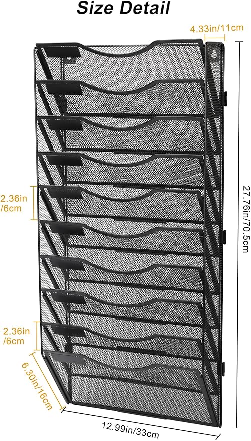EasyPAG 10 Pocket Wall File Organizer, Black | Metal Mesh Wall Mounted File Holder | Assembly Hanging Mail Organizer | Replaceable Classify Labels | Office Home Letter Size Paper Storage