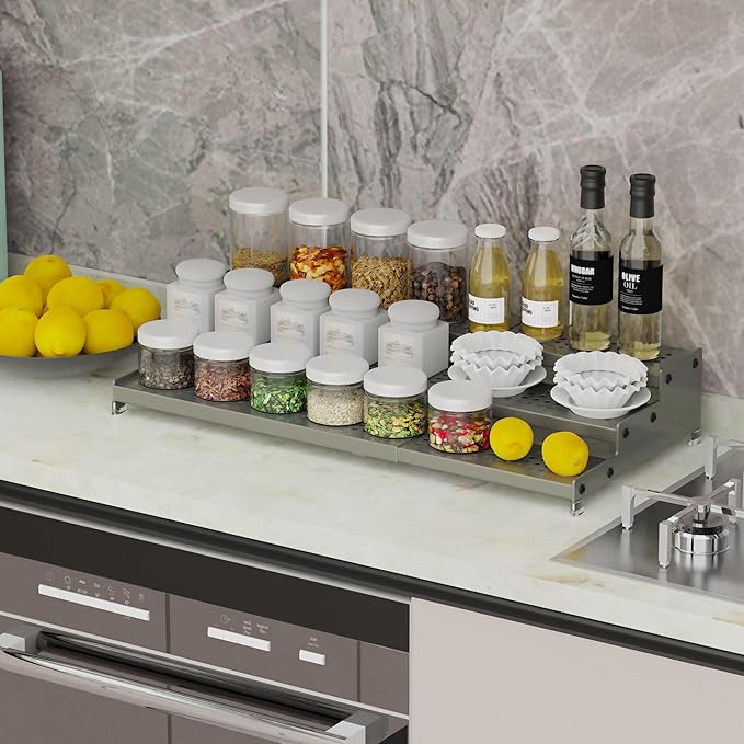 Expandable Spice Rack organizer with 3-Tier step shelf,Modern Design heavy duty,Non Skid and Visibility,Great for Kitchen Cabinet, Pantry and more(2PACKS/GUN-GREY)-NeatNest