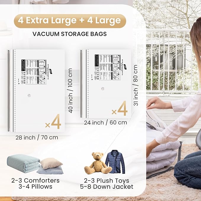 TAILI 8 Pack Vacuum Storage Bags, Multi-Size Combo (4 Large+4 Jumbo), LONG SIDE ZIP Vacuum Seal Bags for Clothing, Storage Bulky Beddings, Blankets and Clothes, Space Saver for Closet Organization-NeatNest