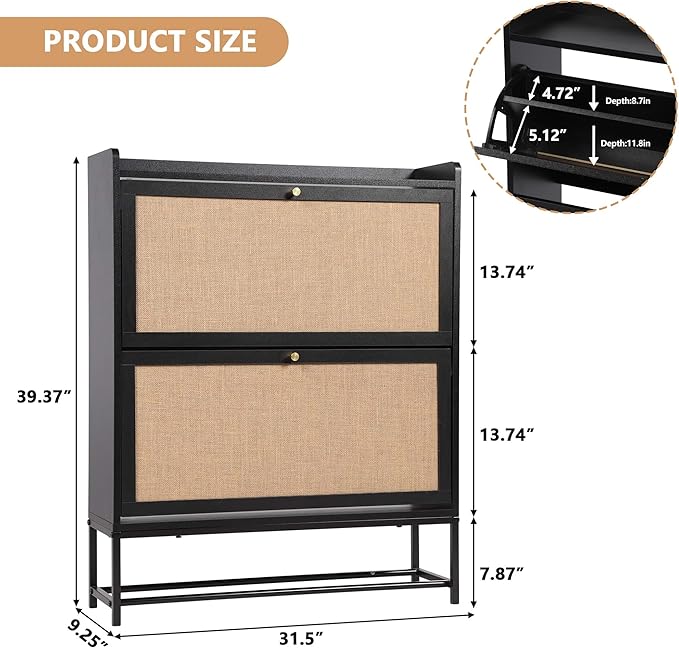 LEVNARY Shoe Storage Cabinet with 2 Flip Drawers, Wooden Narrow Shoe Cabinet Storage for Entryway, Freestanding Shoe Rack Organizer Cabinet with Metal Legs for Hallway (1, Black)-NeatNest