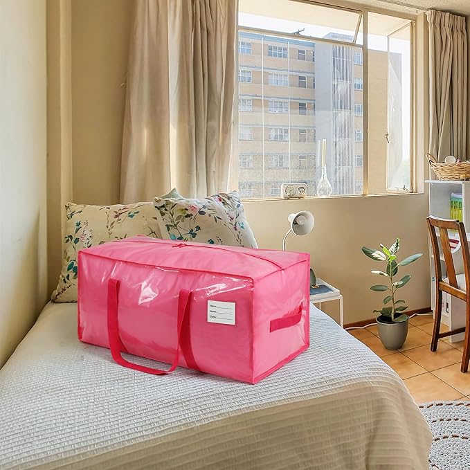 4 Pack Extra Heavy Duty Large Moving Bags with Comfortable Handle & Strong Zipper,Storage Totes for Space Saving Moving Storage College Supplies Alternative to Moving Box,Pink