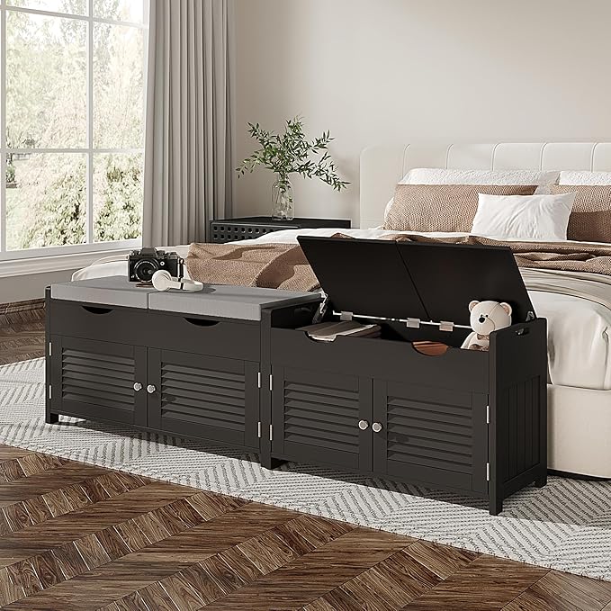 ChooChoo Shoe Storage Bench with Lift Top Storage, Entryway Bench with 2 Cushioned Seats, 3 Compartments, Adjustable Shelf, Shoe Cabinet for Entryway, Bedroom, Living Room, Black-NeatNest