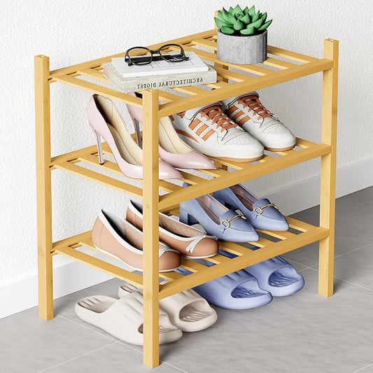 Smiry Bamboo Shoe Rack for Closet, 3 Tier Small Wooden Stackable Shoe Organizer, Free Standing Shoes Storage Shelf for Entryway, Front Door Entrance, Natural-NeatNest