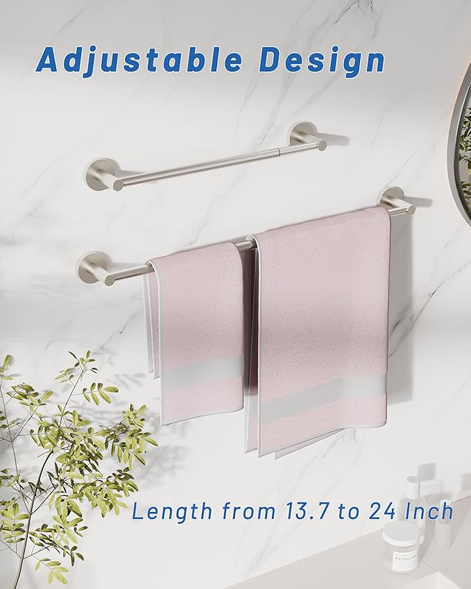 Fixsen Adjustable Towel Bar, Bathroom Towel Holder from 13.7 to 24Inch, SUS304 Stainless Steel Single Towel Racks for Bathroom, Heavy Duty Wall Mounted (Brushed Nickel)
