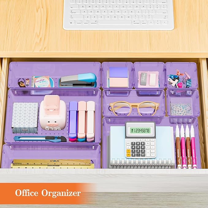25 PCS Plastic Drawer Organizer Set, 4-Size Versatile Organizer Trays & storage Bins for Makeup, Jewelry, and Gadgets in Bathroom, Bedroom and Office,Clear Purple-NeatNest