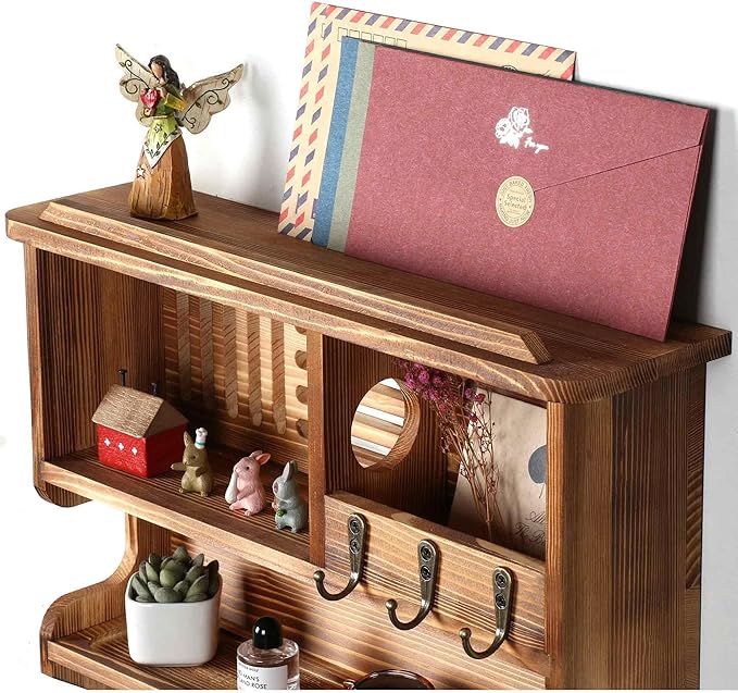 Key Holder for Wall, Mail and Key Holder for Home Decor, Key and Mail Holder for Wall with Key Hooks, Brown