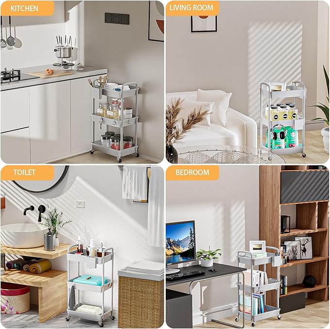 3 Tier Rolling Utility Cart with Handle,REBECAT Utility Cart Made of Multifunctional Storage Organizer Tool for Kitchen,Bathroom,Living Room,Office(Gray)-NeatNest