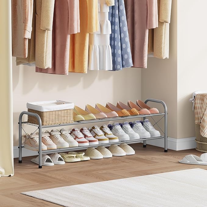 Hoctieon 2 Tier Shoe Rack for Closet, Durable Mesh Style Shoe Rack, Entryway Shoe Shelf, Shoe Storage Organizer for Hallway, Bedroom, Living Room, Wardrobe, Grey-NeatNest