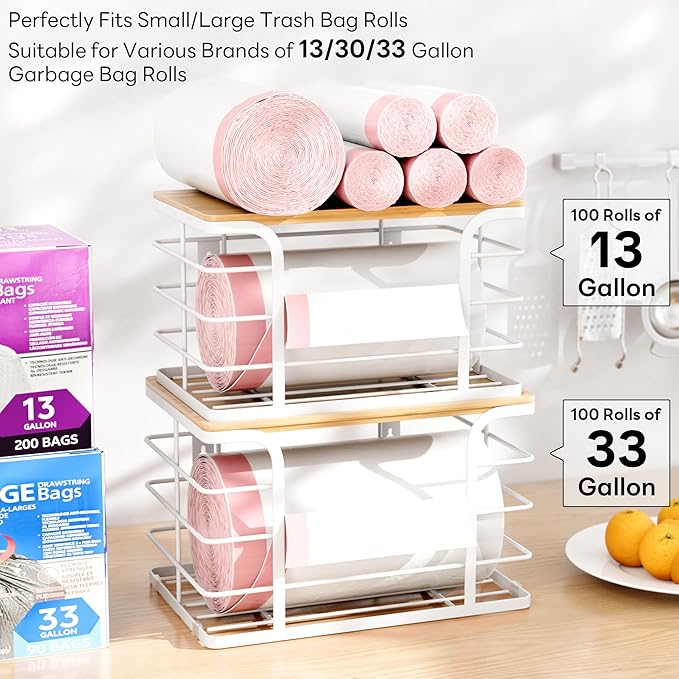 2 Pack Extra Large Stackable Pantry Organizer,Wall Mount Garbage Bag Holder Dispenser with Bamboo Top for Kitchen Laundry Room Organization,White-NeatNest