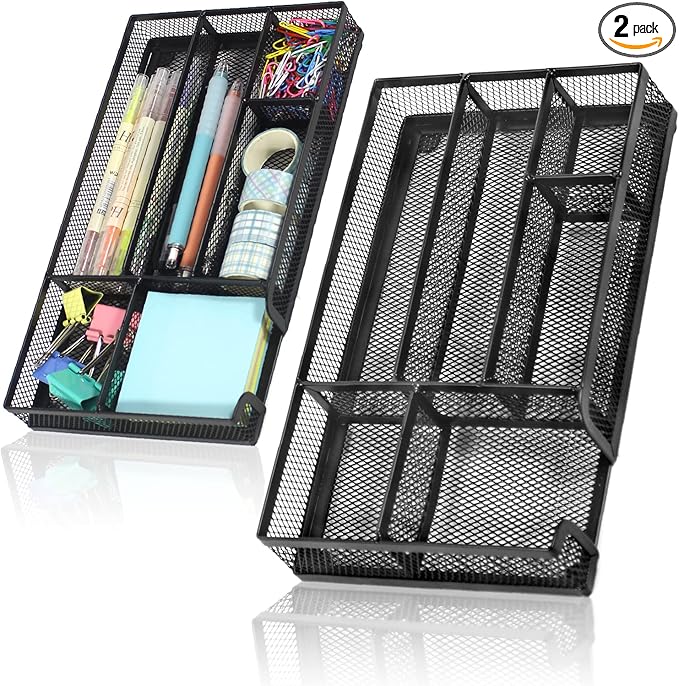 Desk Drawer Organizer 2 Pack, Office Drawer Organizer, 6 Grid Metal Mesh Drawer, Small Desk Organizer Tray Accessories for Office School Home, Bathroom, Kitchen, 11X 6 X 1.45in,Black-NeatNest
