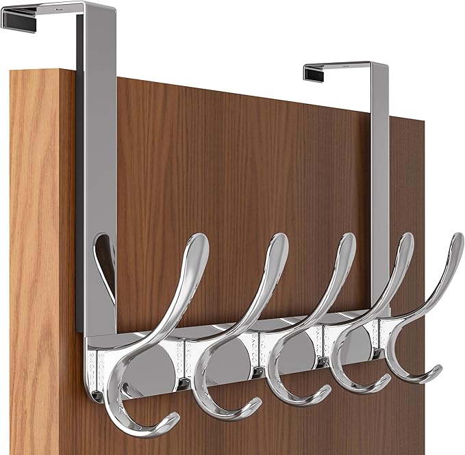 SKOLOO Over The Door Hook, Door Hanger Hooks for Hanging Clothes, Towels, Coats, Hats, Over The Door Towel Hook - Silver, Assembly Required
