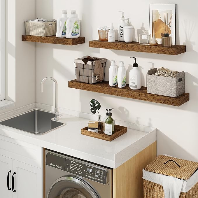fuqing Floating Shelves for Wall, Bathroom Shelf Wall Mounted for Storage, Shelves with Invisible Bracket for Bedroom, Kitchen, Living Room, Farmhouse Small Book Shelf, 24 Inch Set of 2, Rustic Brown-NeatNest