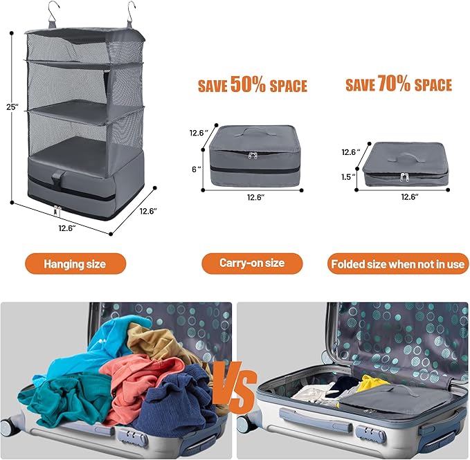 Caroeas Portable Hanging Travel Shelves Bag Suitcase Organizer Carry-on Closet Packing Cubes for Travel, 4-Shelf Suitcase Closet with 2 Hooks, Large Capacity, Gray-NeatNest