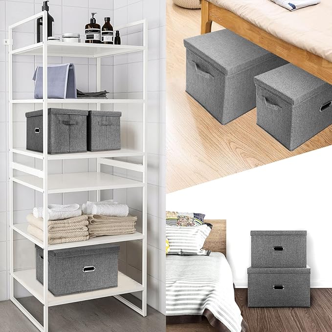 Large Linen Fabric Foldable Storage Bins with Removable Lid and Handles, Washable Storage Box Organizer Containers Baskets Cube with Cover for Bedroom,Office (Khaki, Extra Large(2-Pack))