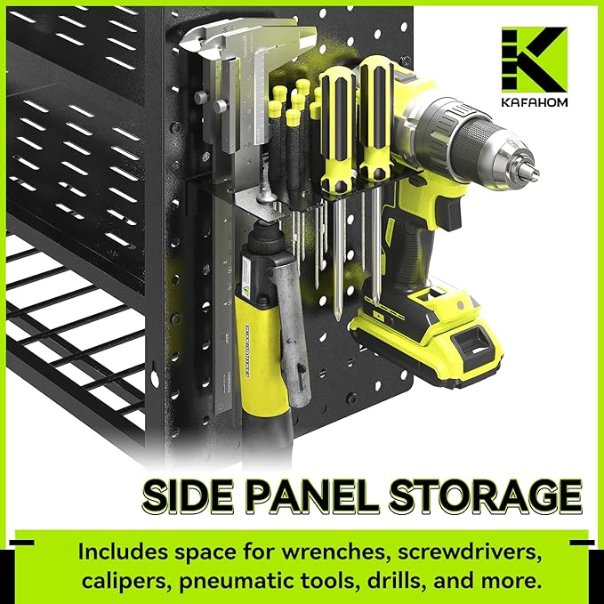 KAFAHOM Power Tool Organizer with Charging Station,9 Drill Holder Wall Mount,4 Layer Durable Metal Cordless Drill Storage for Garage Organization,Battery Tool Rack Built in 7 Outlet Power Strip Black