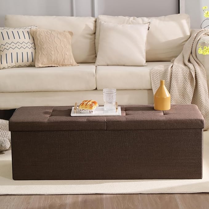 CUYOCA 45.3 Inches Storage Ottoman Bench Foldable Seat Footrest Shoe Bench End of Bed Storage with Flipping Lid, 166L Storage Space, Linen Fabric Brown-NeatNest