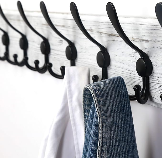 Dseap Wall Mounted Coat Rack with 10 Tri Hooks: Wooden Coat Hook Hanger for Coats Towels Hats Clothes, White & Black