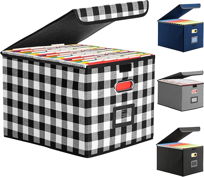 File Organizer Box, Linen Filing Organizer with Lid, Large Desktop File Boxes, Black and White Lattice