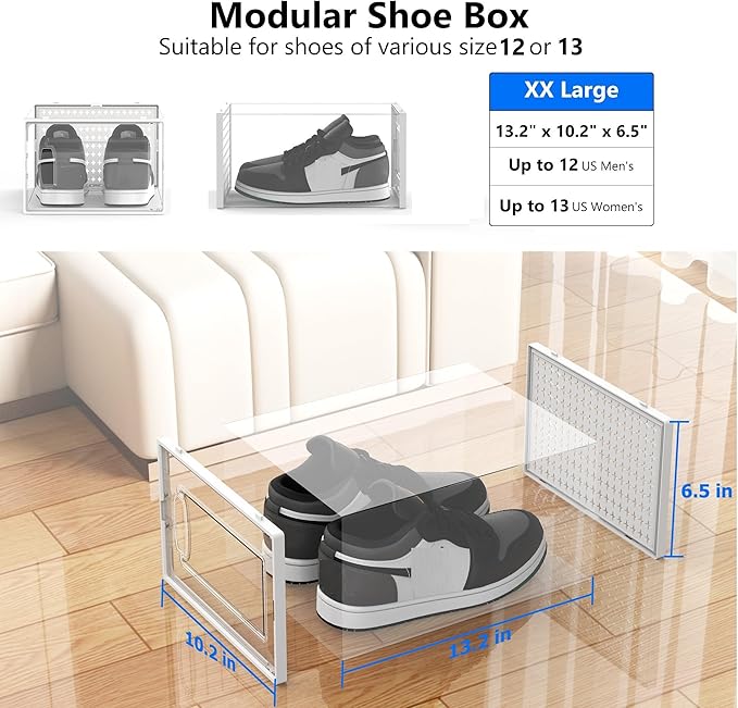 12 Pack XX-Large Modular Clear Plastic Stackable Shoe Storage Organizer for Closet, Space Saving Versatile Sneaker Shoe Rack Containers Bins Holders, Portable Closet Organizers and Storage, White-NeatNest