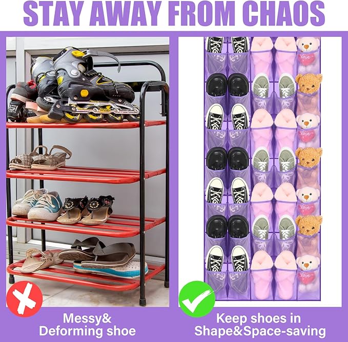 Windyun 40 Large over the Door Hanging Shoe Organizer Purple Mesh Pockets Shoe Rack for Closet Behind Door Hanger Storage Holder Nonslip for Cruise Essentials, Dorm Room Storage, Utility Room-NeatNest