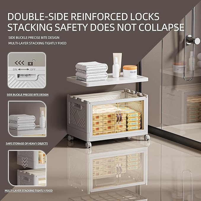 68 QT / 17 Gal White Storage Bins with 1 Lid - Collapsible Stackable Cabinet Organizer w/Wheels & Magnetic Doors, Plastic Storage Box for Office Closet Organization-NeatNest