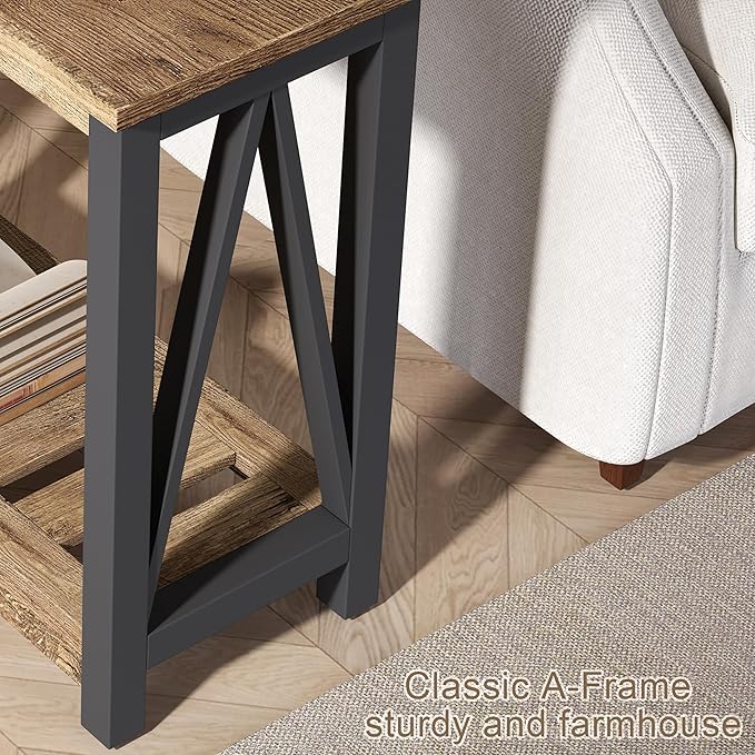 ChooChoo Farmhouse End Table Set of 2, Rustic Vintage Narrow End Side Table with Storage Shelf for Small Spaces for Living Room, Bedroom Rustic Oak & Black-NeatNest