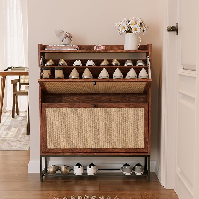 AVZEAR Narrow Shoe Storage Cabinet for Entryway with 2 Flip Drawers, Freestanding Shoe Cabinet with Natural Linen Panel, Slim Wood Shoe Organizer Closed Shoe Rack for Hallway, Foyer(Walnut)-NeatNest
