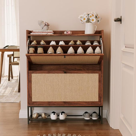 AVZEAR Narrow Shoe Storage Cabinet for Entryway with 2 Flip Drawers, Freestanding Shoe Cabinet with Natural Linen Panel, Slim Wood Shoe Organizer Closed Shoe Rack for Hallway, Foyer(Walnut)-NeatNest