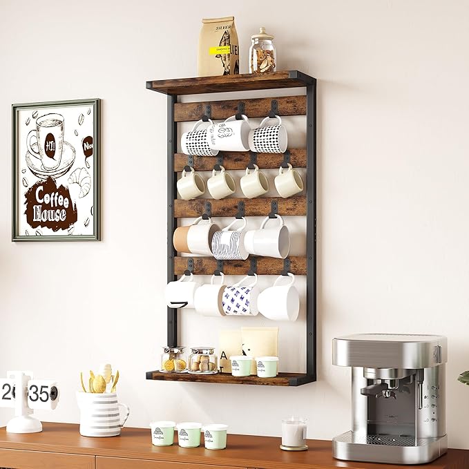 Homeiju 14-Hook Large Coffee Mug Holder for Countertop/Wall Mounted,4 Tier Coffee Cup Holder with Top & Bottom Storage Shelf,Adjustable Hook & Shelves,Mug Tree for Home Bar,Coffee Station-NeatNest