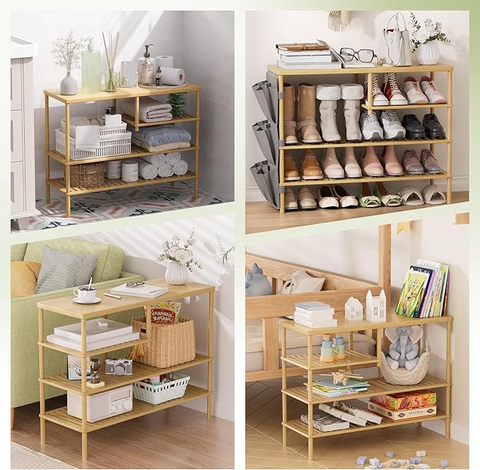 Bamboo Shoe Rack, 4 Tiers Shoe Organizer for Closet, Shoes Storage for 20-24 Pairs, Freestanding Shoe Shelf with Removable Pocket for Entryway Bedroom Front Door Dorm