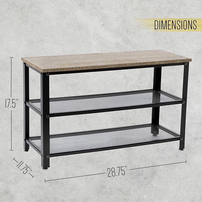 HBCY Creations Weathered Wood Solid Pine Wood 3-Tier Entryway Shoe Rack Bench with Metal Mesh Shelves, for Entryway, Mudroom, or Bedroom, and More!-NeatNest