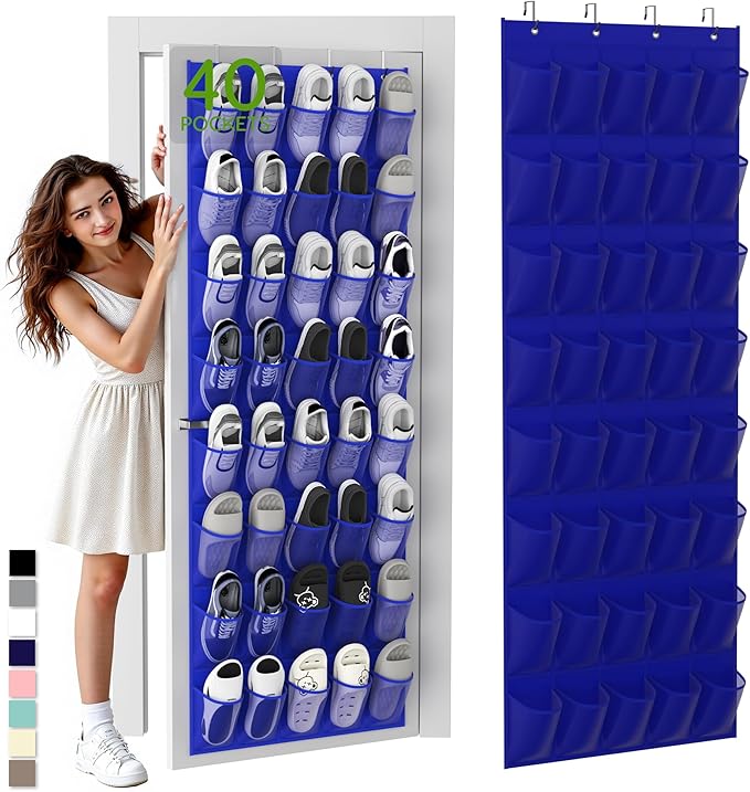 Unjumbly Over the Door Shoe Organizer with 40 Large Breathable Mesh Pockets, Space Saving Shoe Holder, Hanging Shoe Rack for Entryway Bedroom Closet Storage (Navy Blue, 40 Pockets)-NeatNest