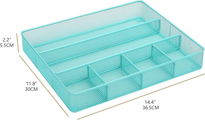 Annova Desk Top Organizer Tray for Office Organization - Metal Mesh - Storage Tray with Dividers for Pens, Desktop Accessories, Bathroom, Kitchen, Makeup and Office Supplies (Large, Turquoise)-NeatNest