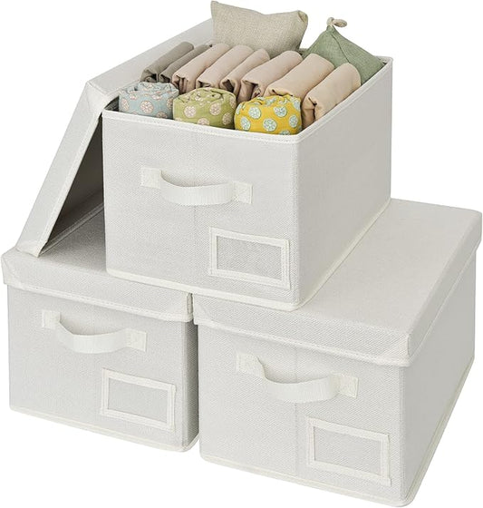 GRANNY SAYS Fabric Storage Bins with Lids, Shelf Organizer, Clothes Storage, Organization Bins, Closet Boxes, Ivory, 3-Pack-NeatNest
